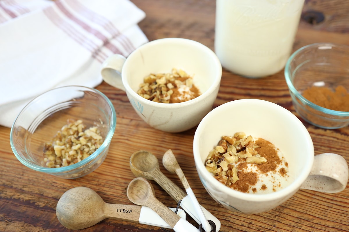 closeup of homemade yogurt cup with nuts and cinammon