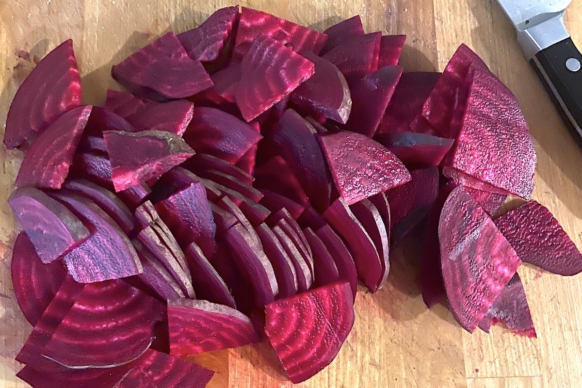cut up beets on cutting board