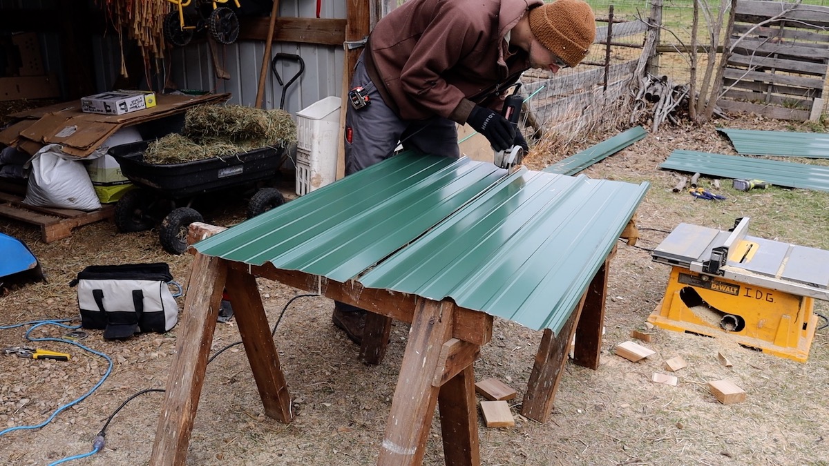 cutting metal roof in half for chicken tractor
