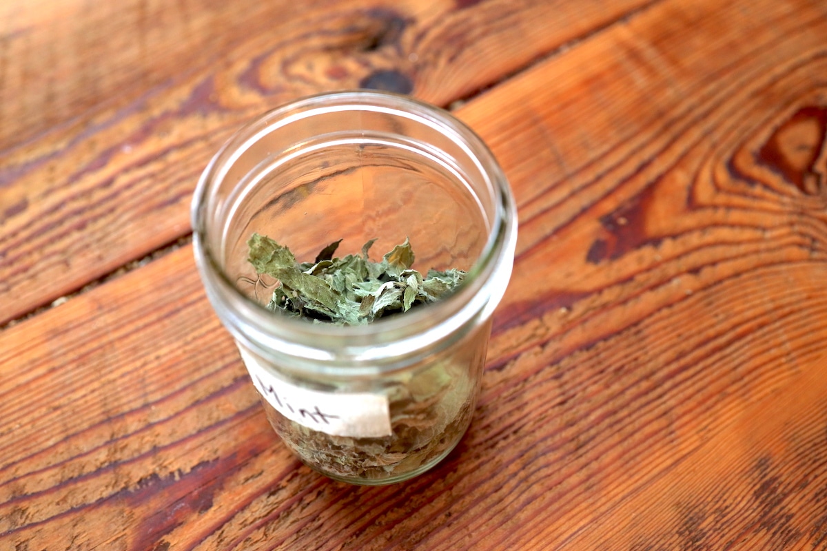 dried mint leaves in a jar