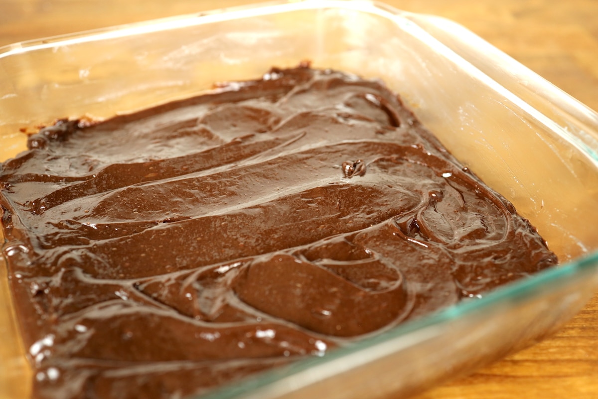 fresh mint brownie batter in pan