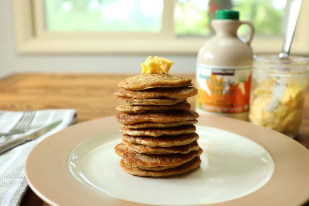 sourdough starter pancake stack with butter