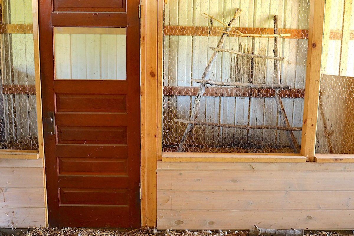 chicken coop in barn with repurposed door