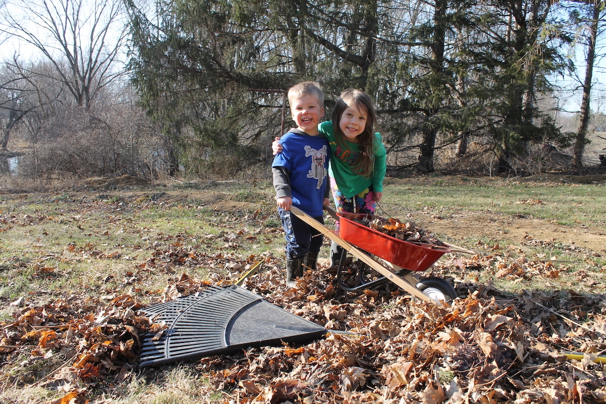 kids raking leaves in the yard