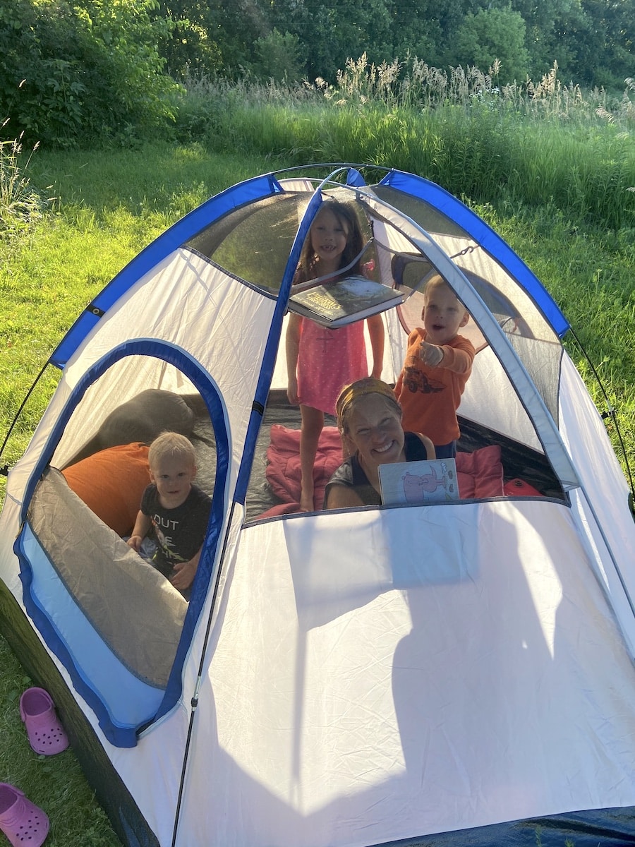 tent camping in the backyard with kids