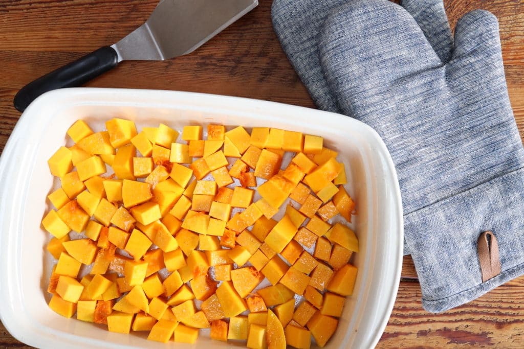 cubed butternut squash ready to be roasted