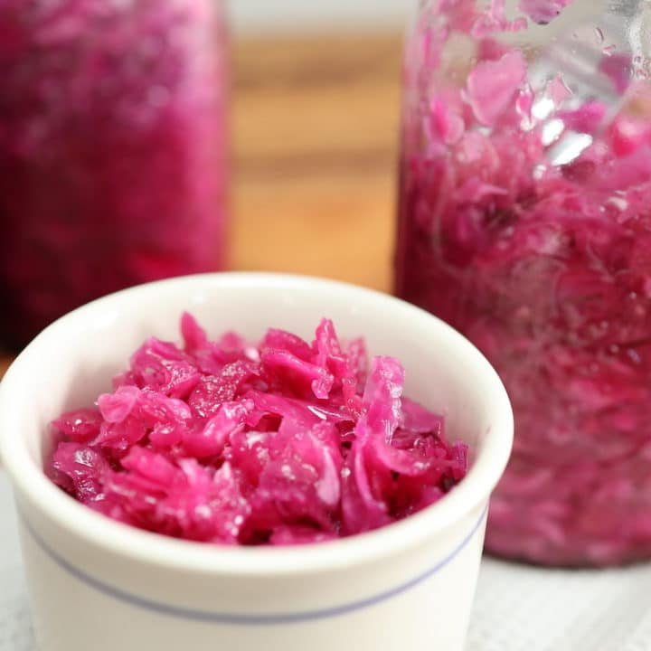 red cabbage sauerkraut in jars