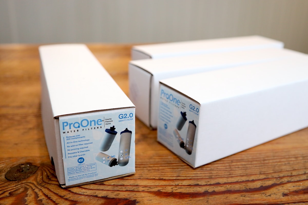 ProOne G2.0 gravity water filter in boxes