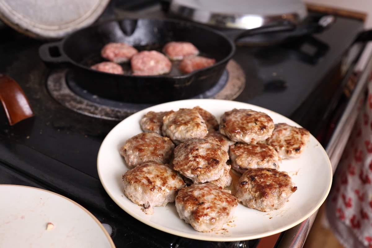 healthy homemade sausage patties being cooked