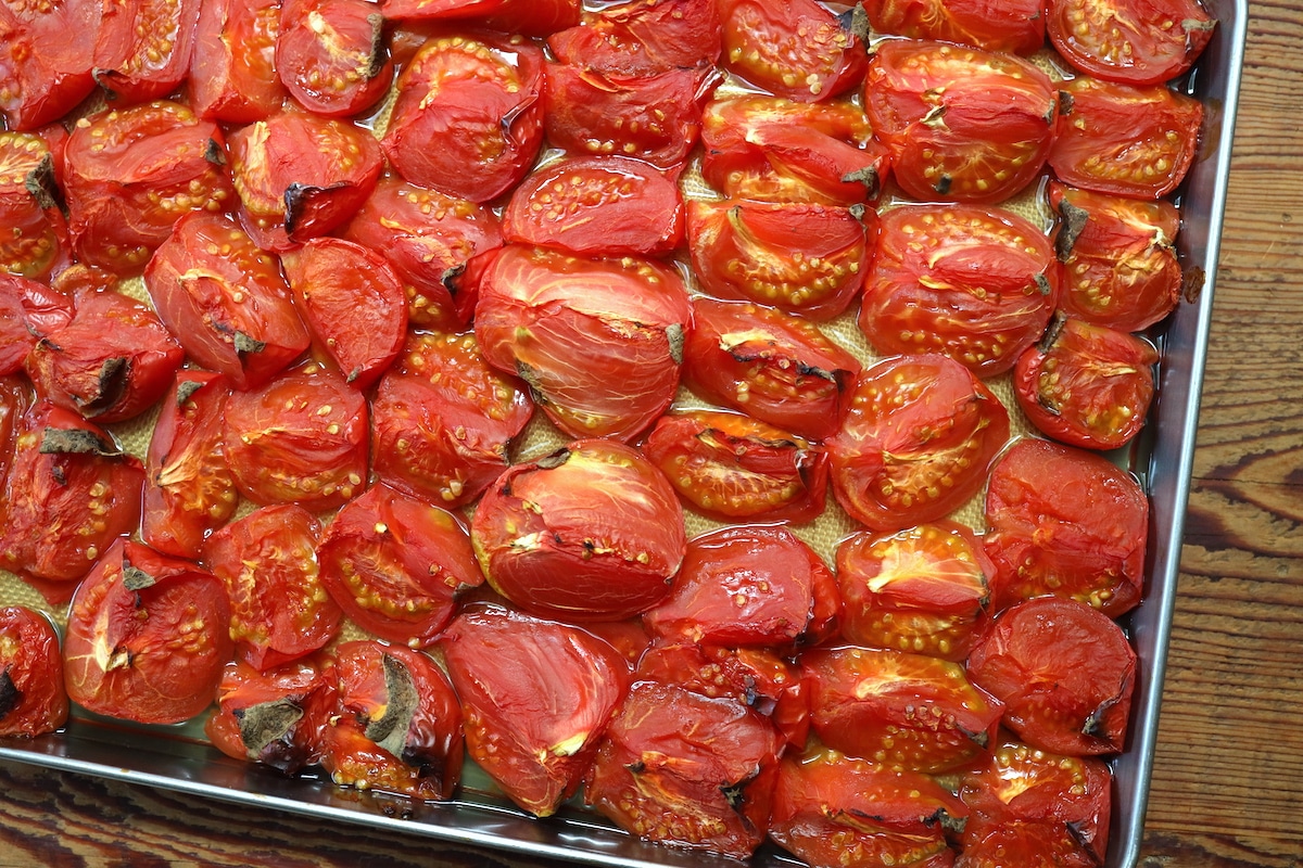 roasted tomatoes on cookie sheet