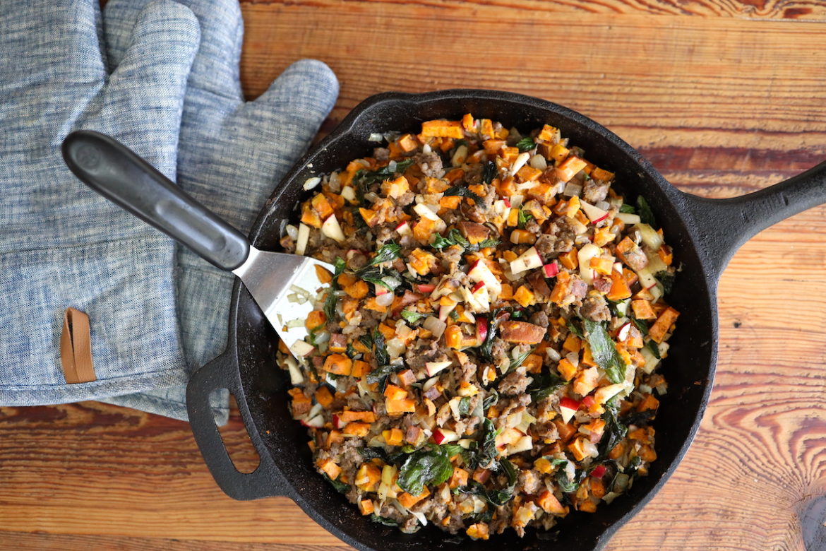 Apple Sweet Potato Hash with Greens and Sausage From Scratch Farmstead
