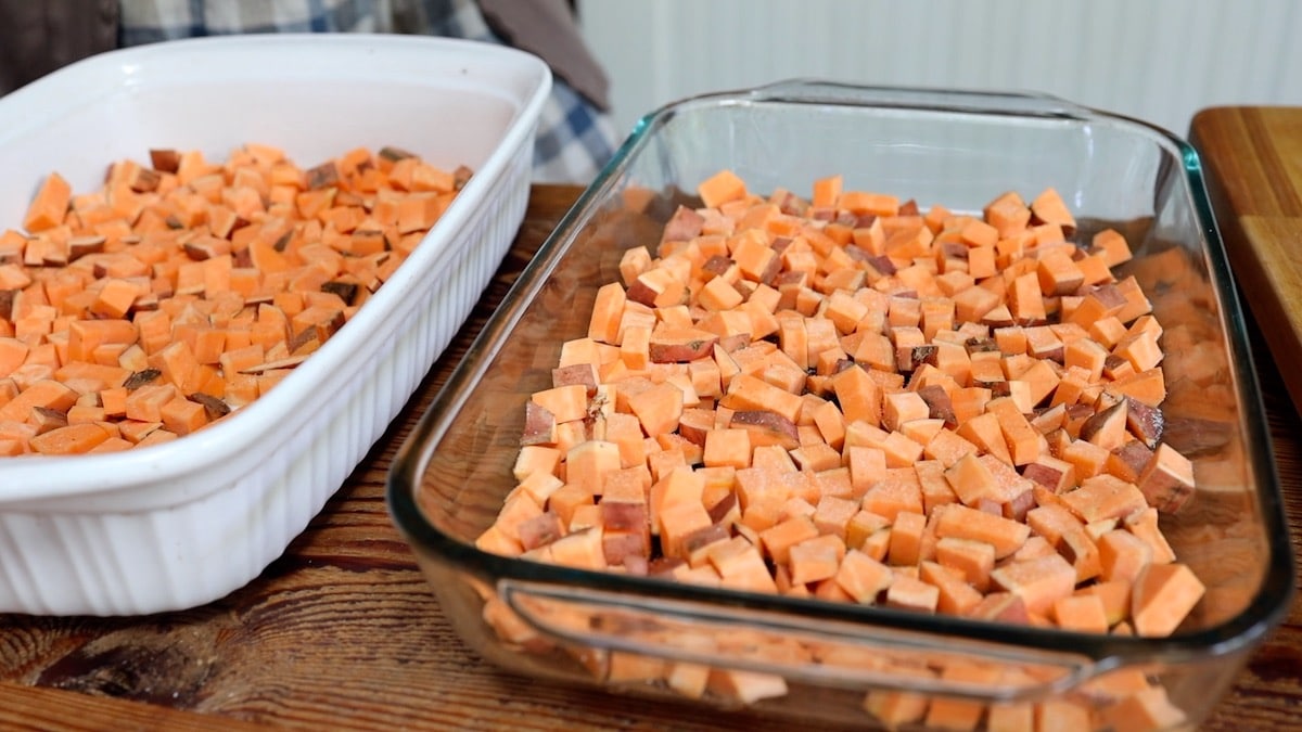 pans of sweet potatoes to roast for hash