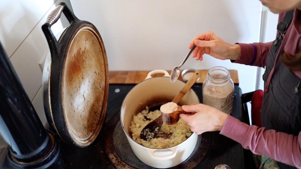 adding flour to roux for cheddar broccoli soup