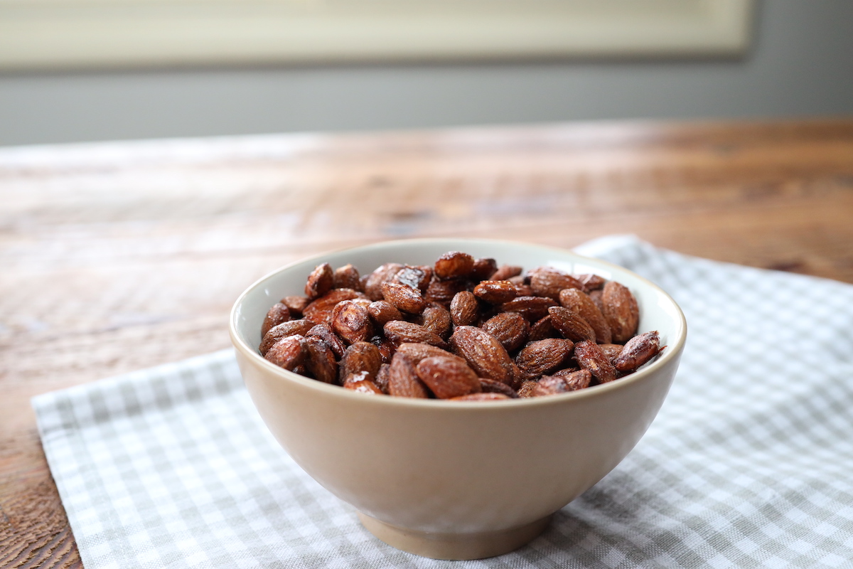 bowl of maple roasted almonds