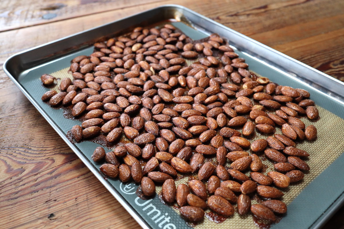 pan of maple roasted almonds