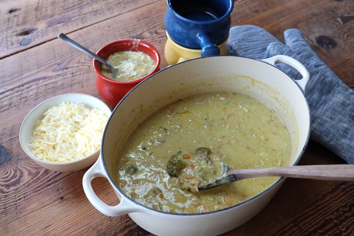 pot of homemade broccoli cheddar soup with chicken