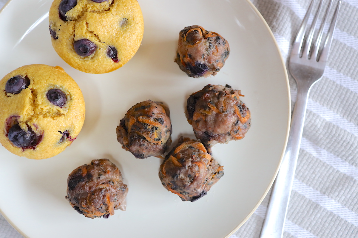 breakfast meatballs with side of blueberry muffins