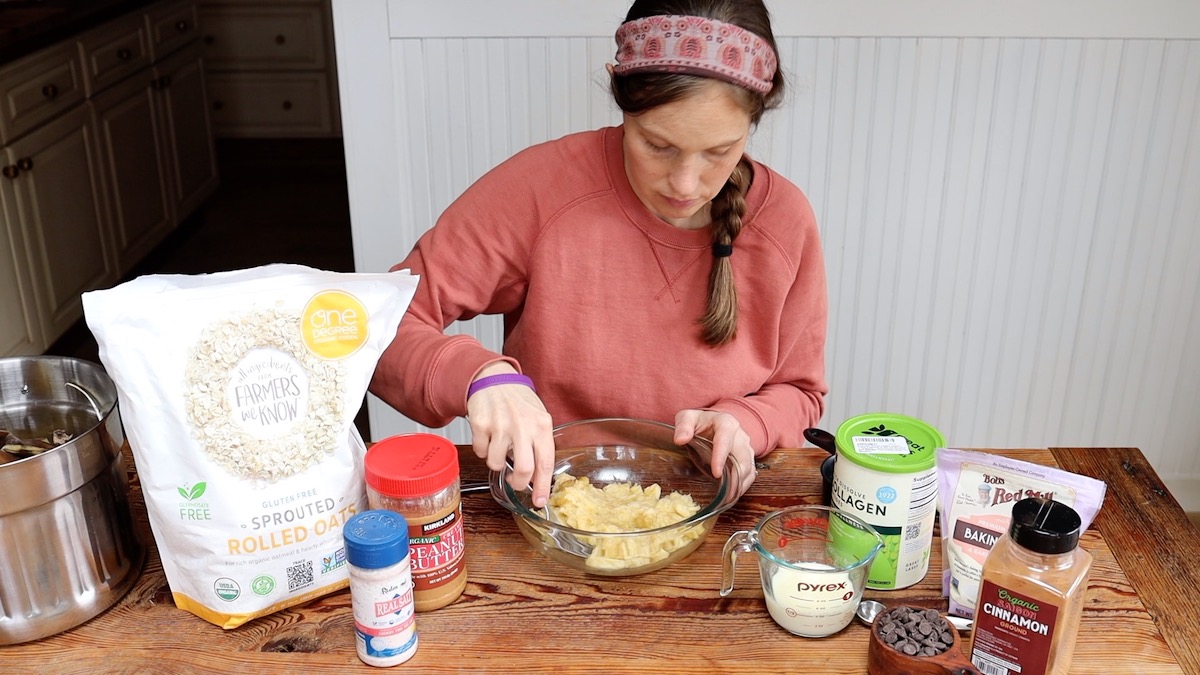 mashing bananas in bowl