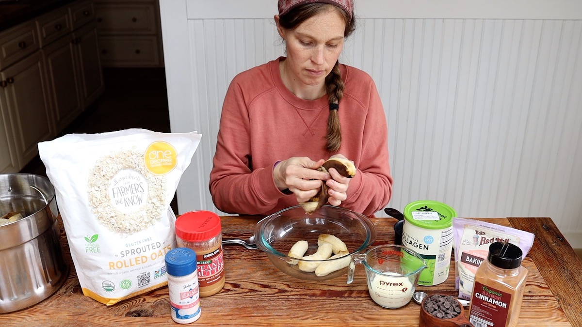 peeling bananas for peanut butter banana oat bars