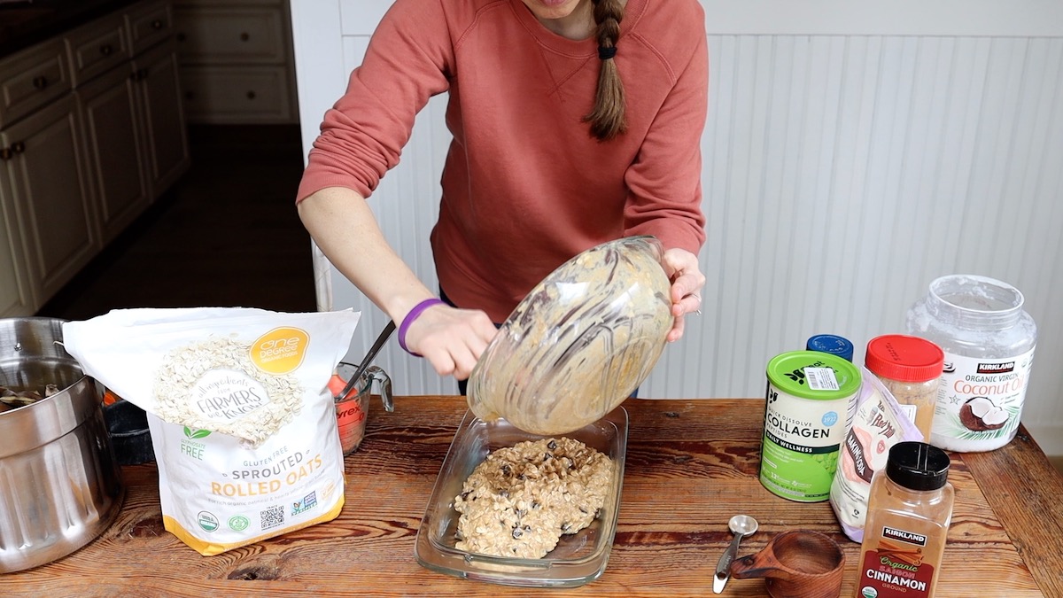 pouring batter into baking dish