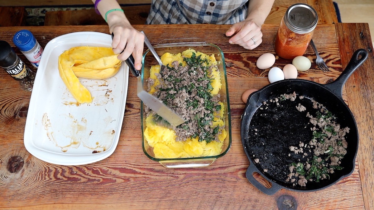 adding meat to spaghetti squash casserole