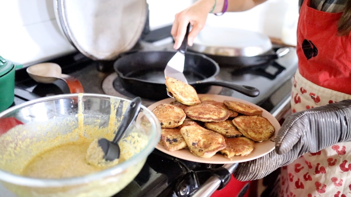 making cornmeal blueberry pancakes