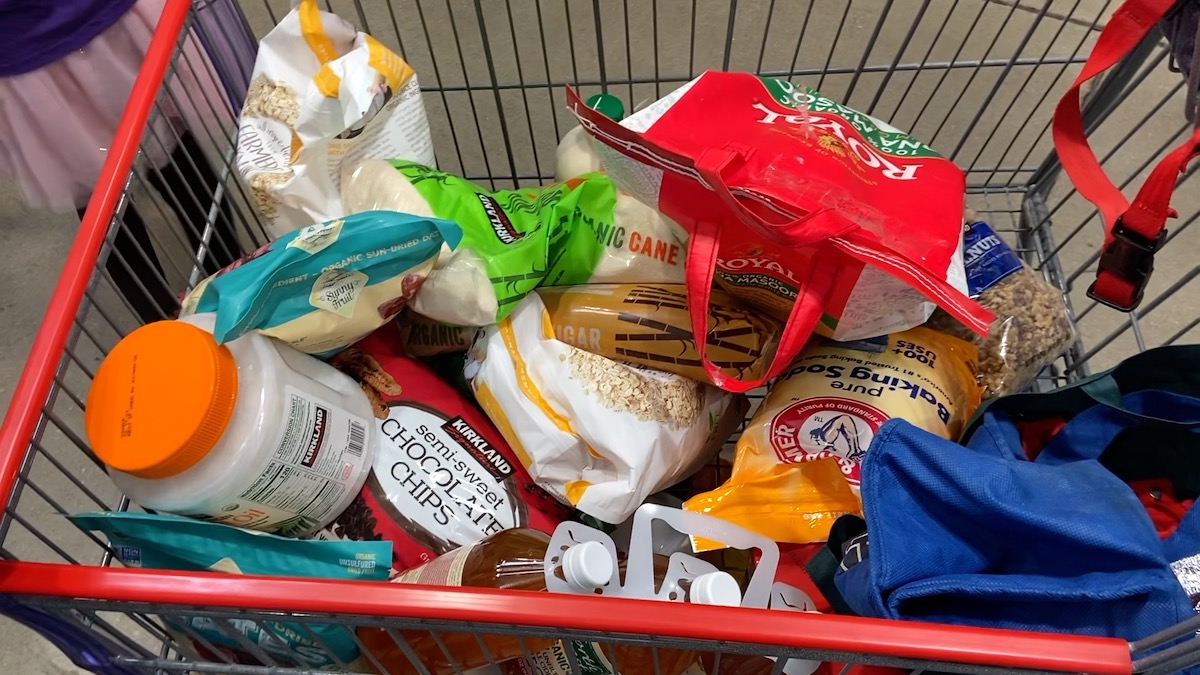shopping cart of bulk items at costco