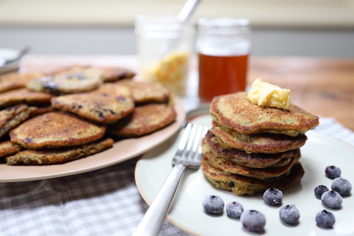 simple blueberry cornmeal pancakes
