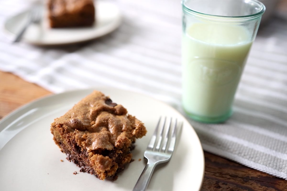 chocolate chip cookie cake and milk