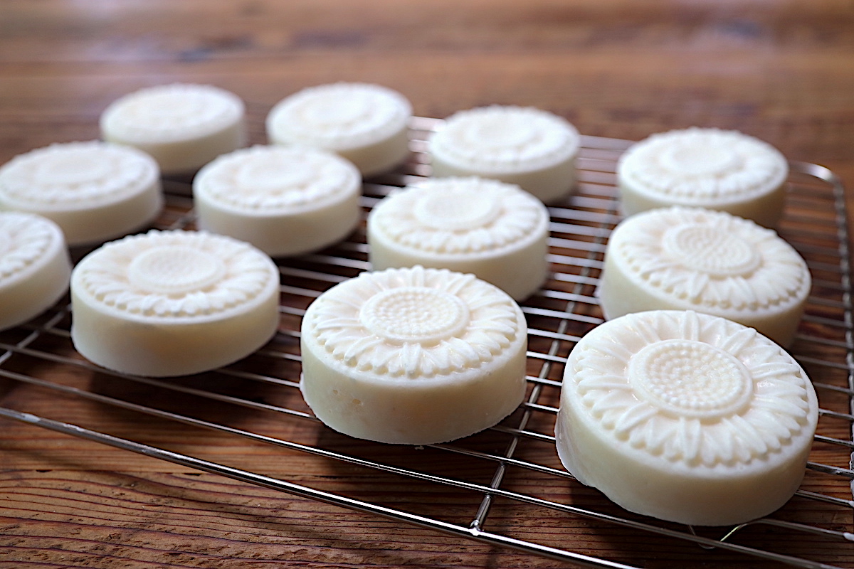 dish soap bars curing on drying rack