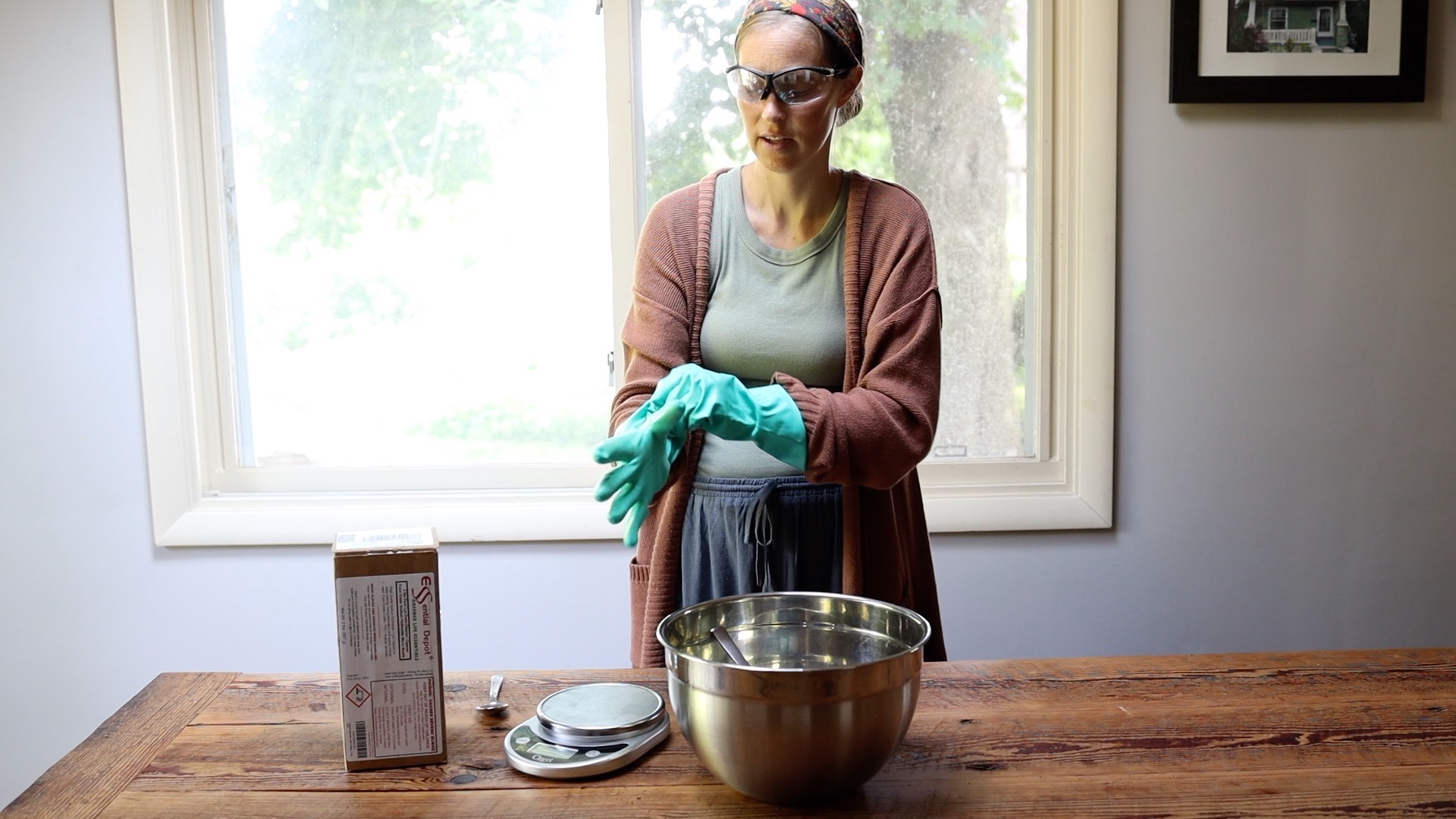 putting on safety gear for soapmaking