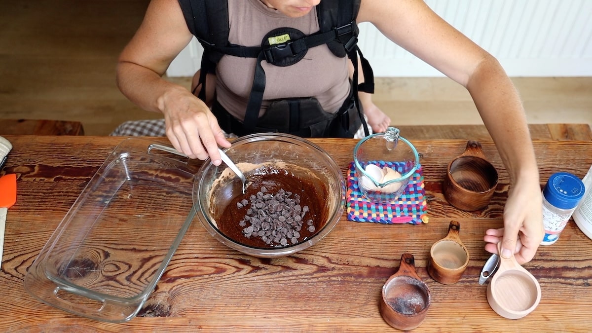 adding chocolate chips to batter