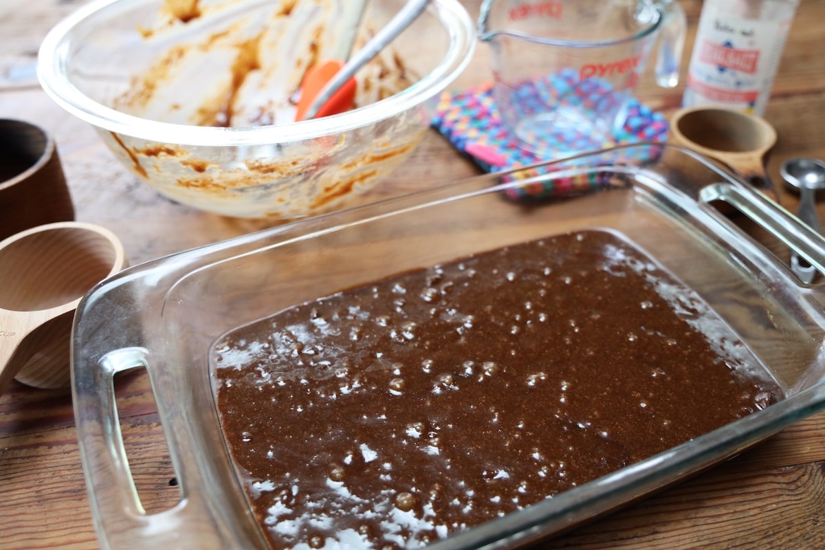 pan of carob brownies ready to bake