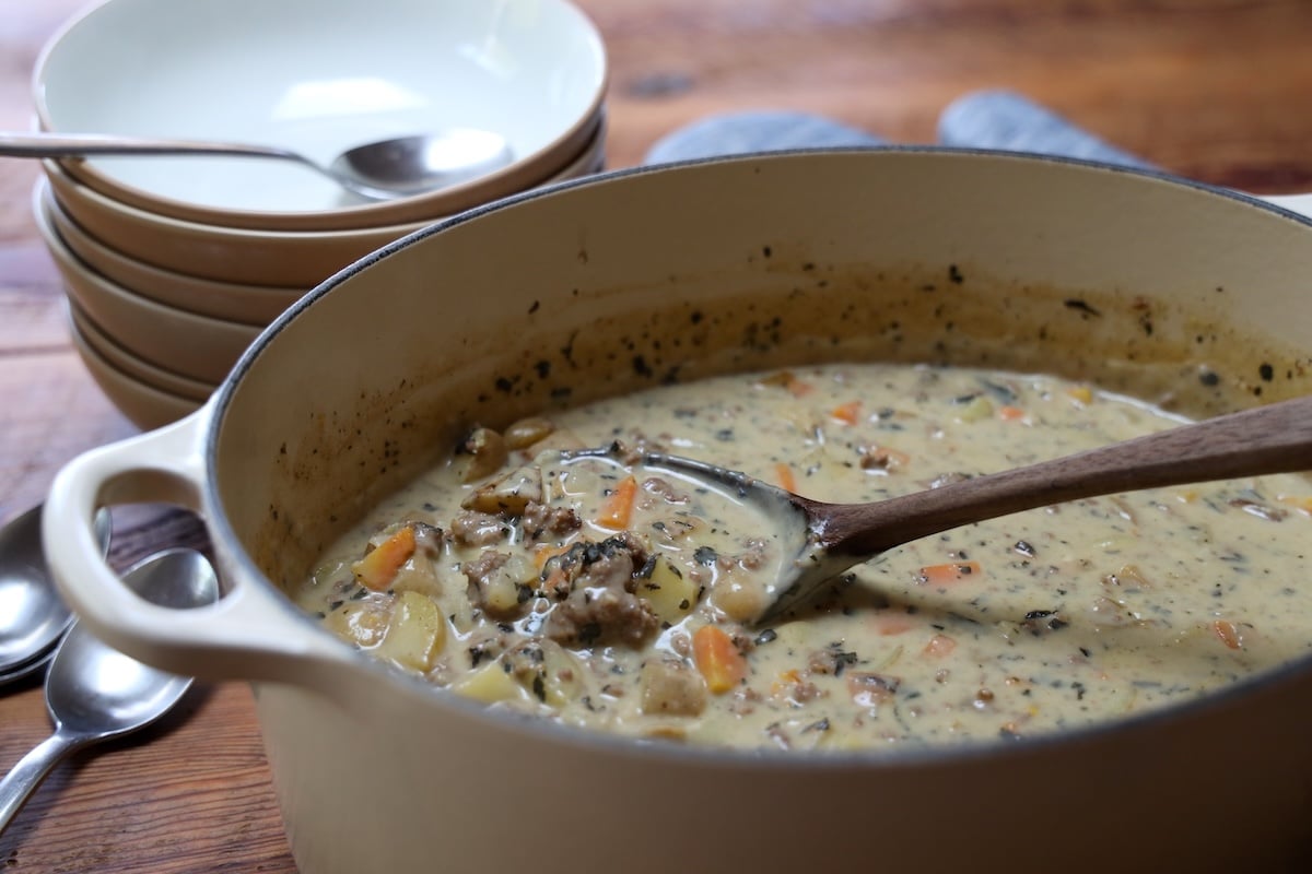 pot of cheesy hamburger and potato soup