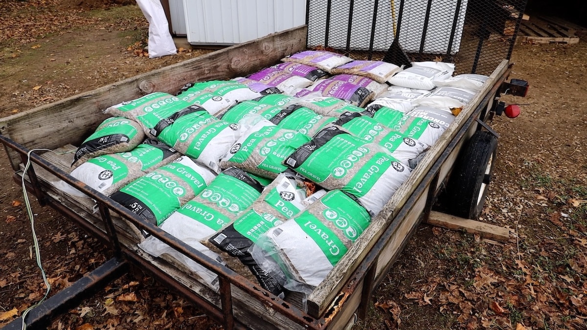 bags of gravel for backfilling waterline project