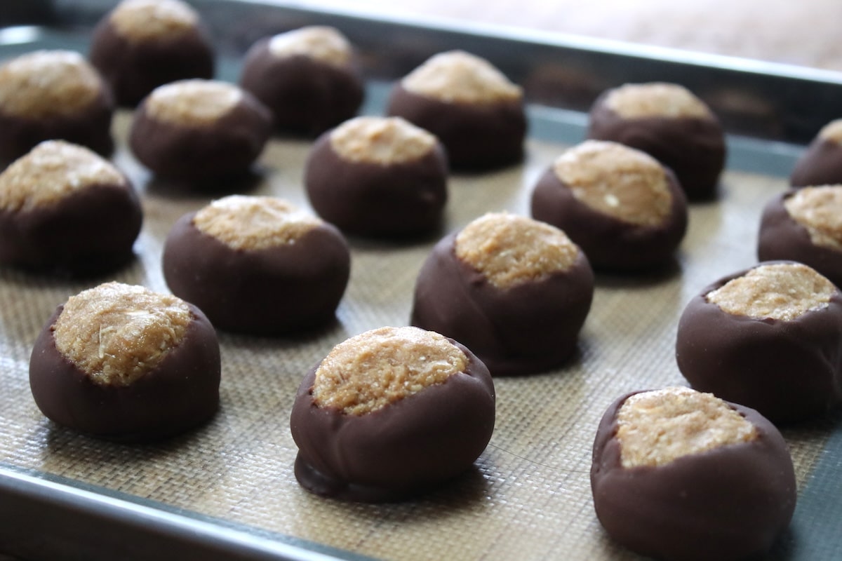 healthy buckeyes on baking sheet