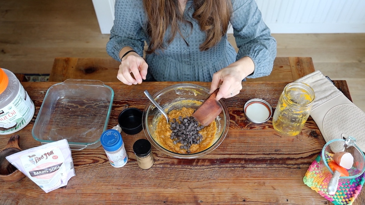 adding chocolate chips for pumpkin blondies