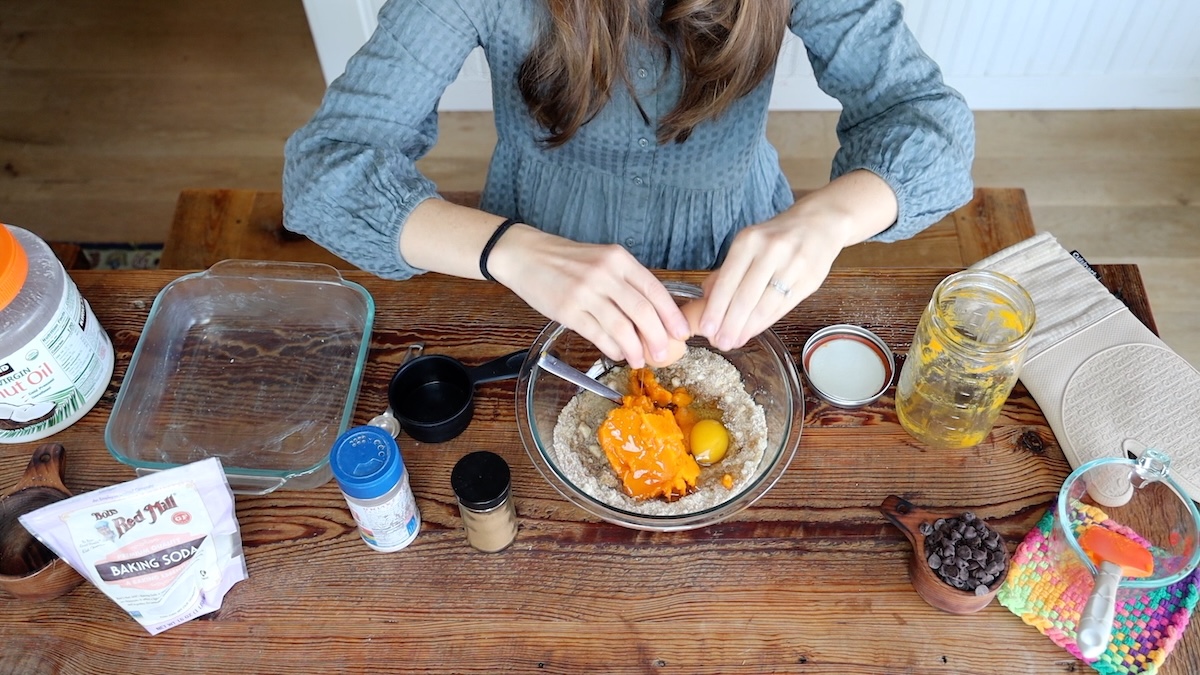 adding egg for pumpkin blondies