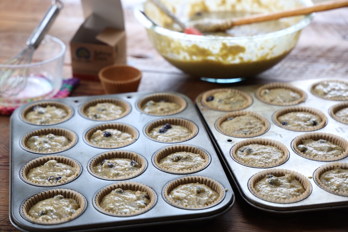 blueberry muffins batter with sourdough discard