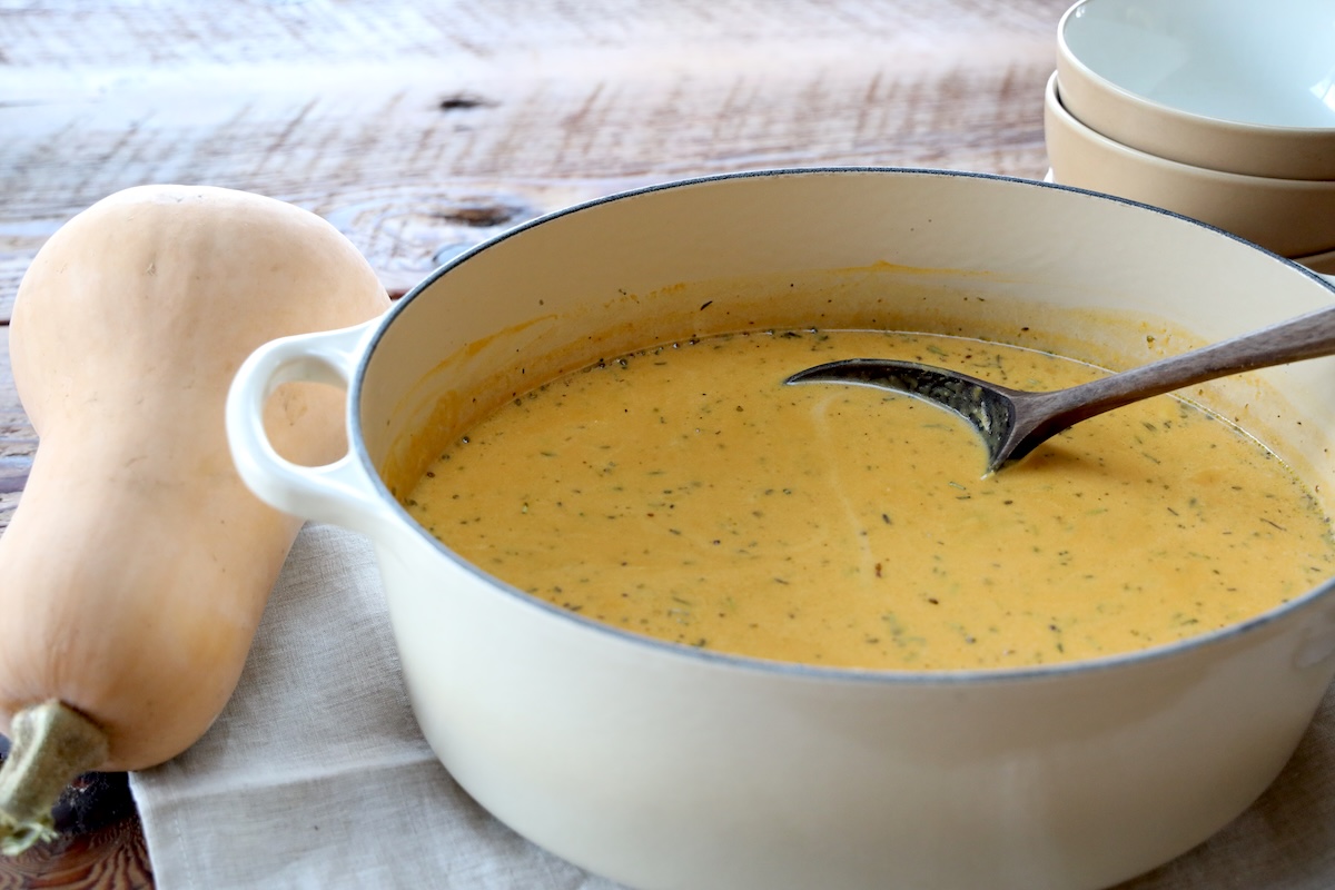 pot of butternut squash soup with chicken