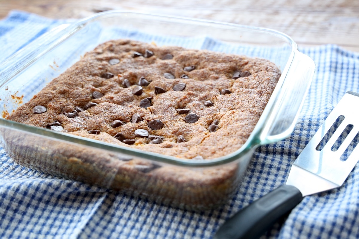 pumpkin blondies in 9x9 baking dish