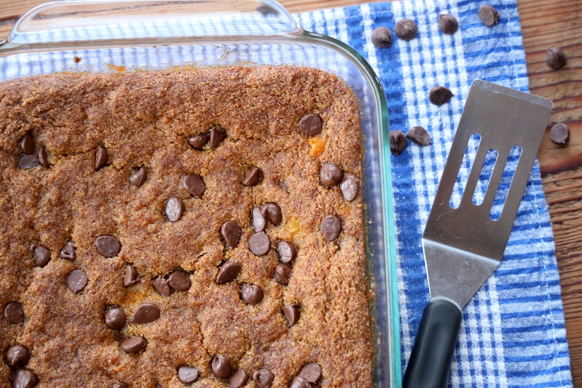 pumpkin blondies in baking dish