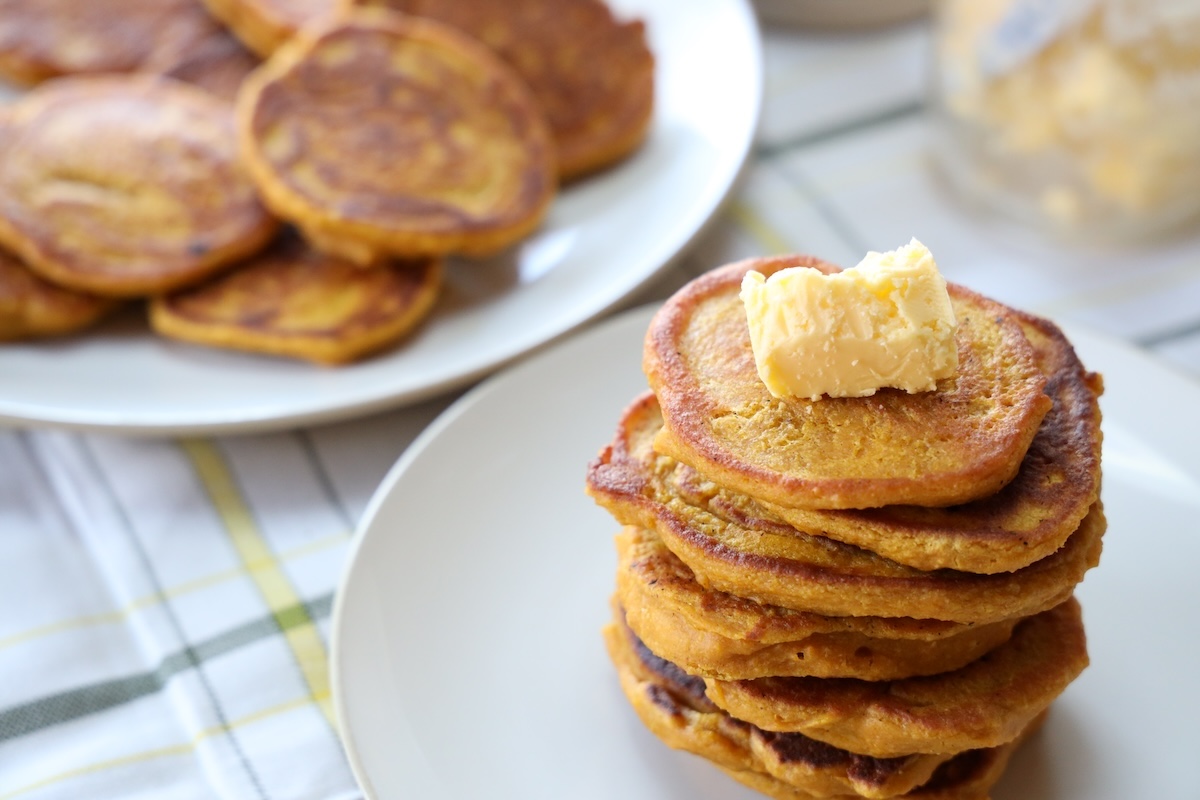 thick stack of oatmeal pumpkin pancakes