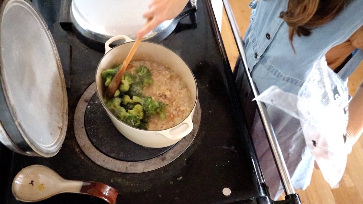 adding frozen broccoli