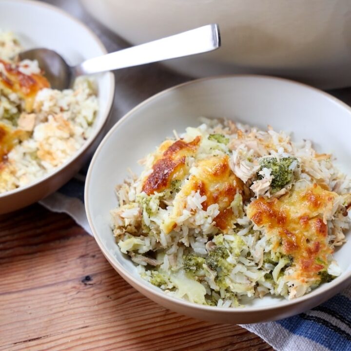 bowl of cheesy chicken broccoli rice casserole