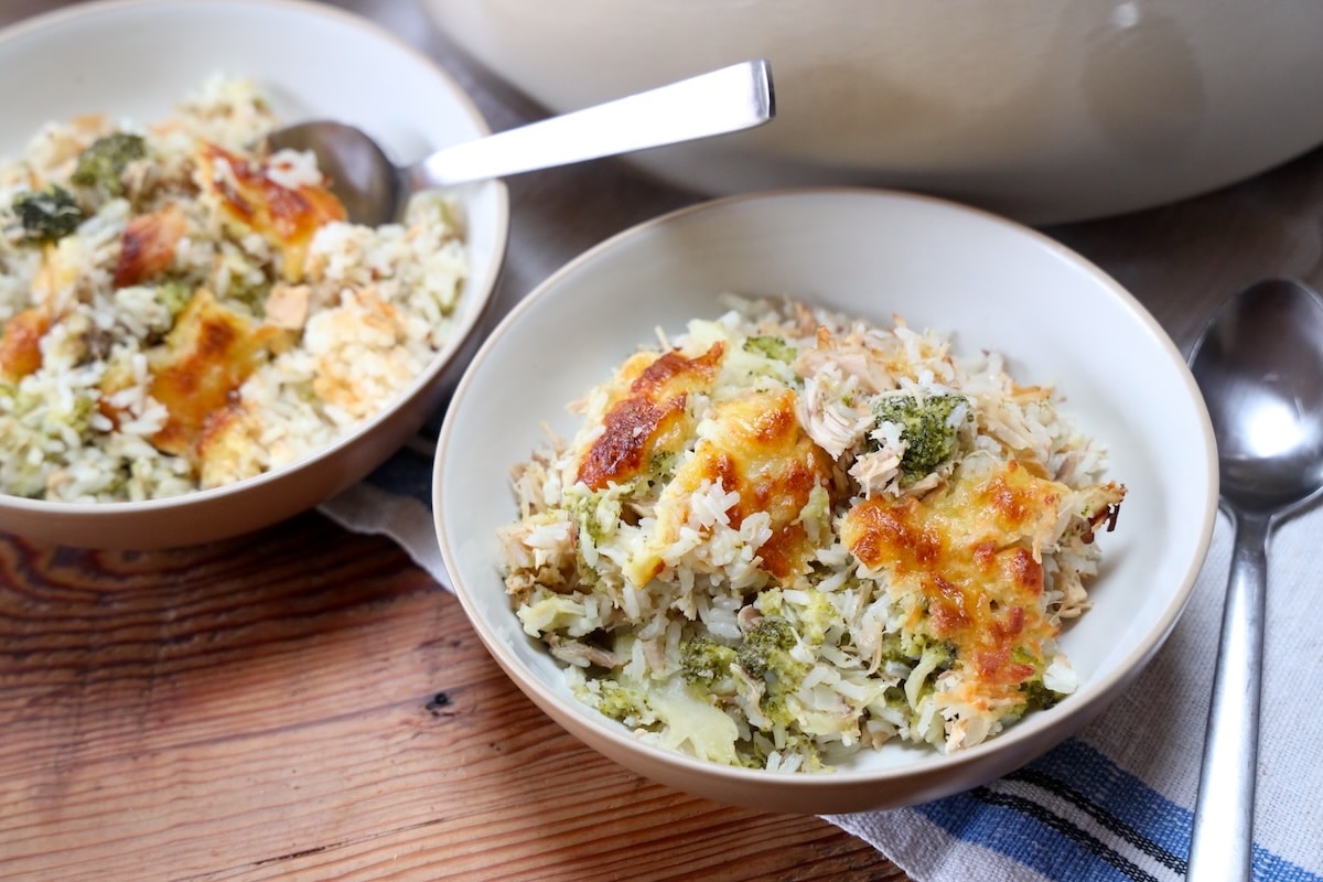 bowl of cheesy chicken broccoli rice casserole