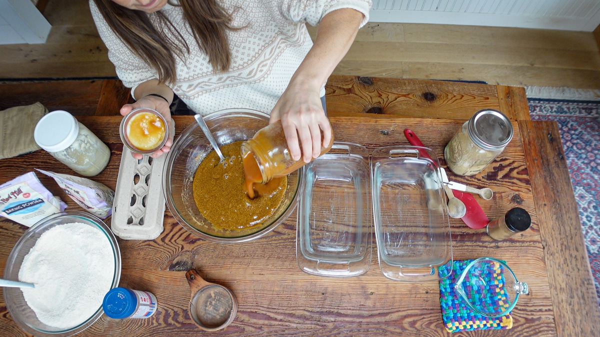 adding applesauce to bread batter