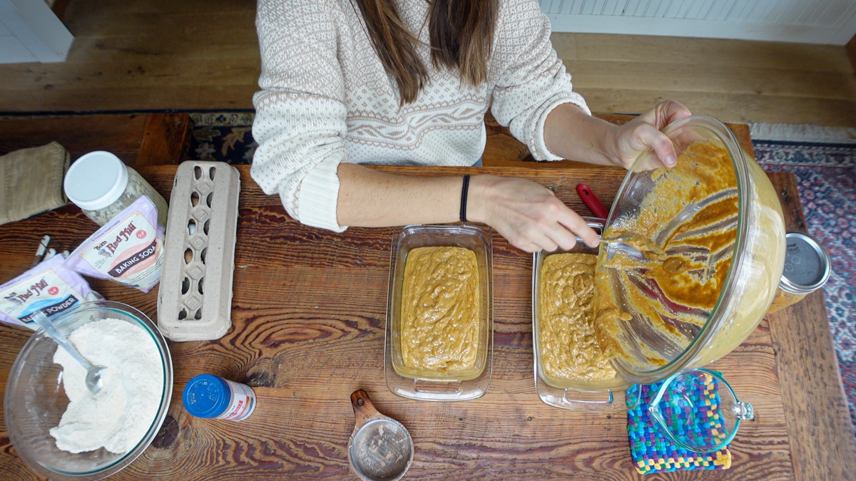 adding batter to loaf pans