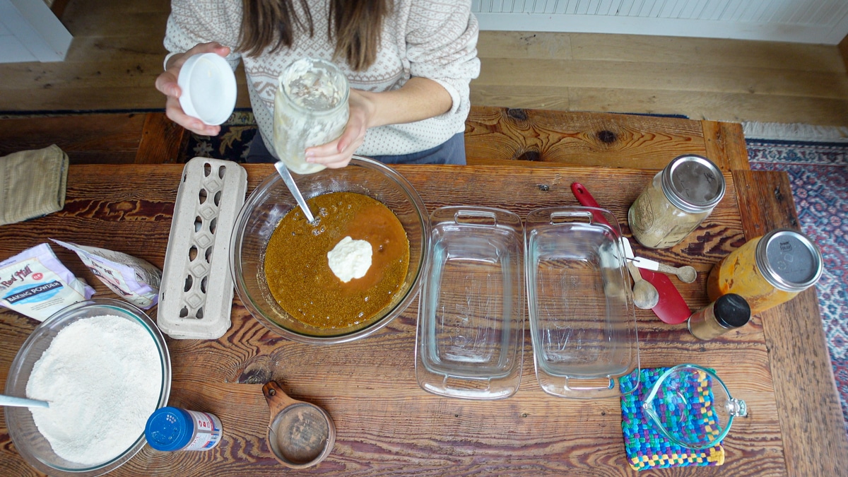 adding yogurt to applesauce bread