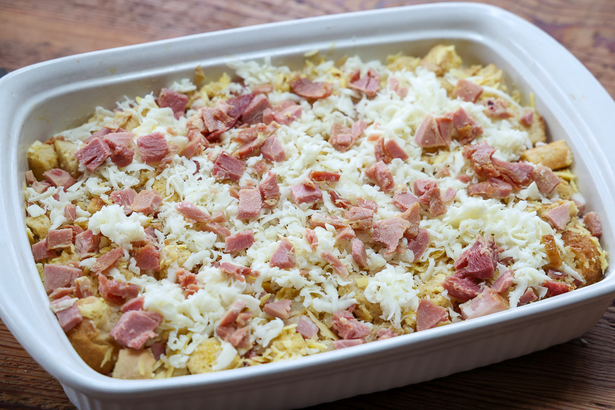 ham and cheese strata dish unbaked